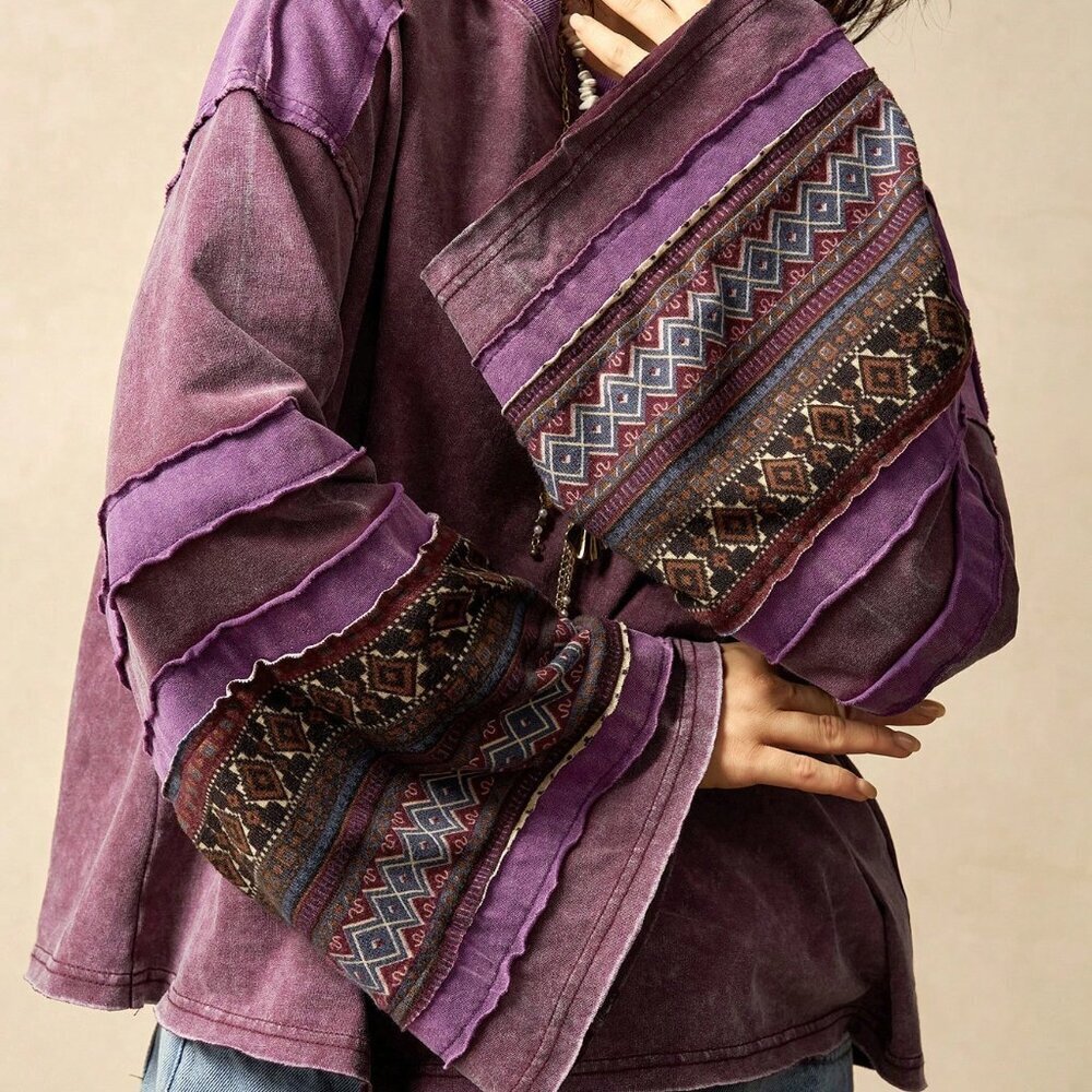 Multicolor Casual Women's Knit Patchwork Round Neck Long Sleeve Loose T-Shirt